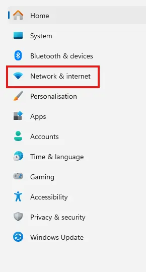 Network and internet in the setting menu