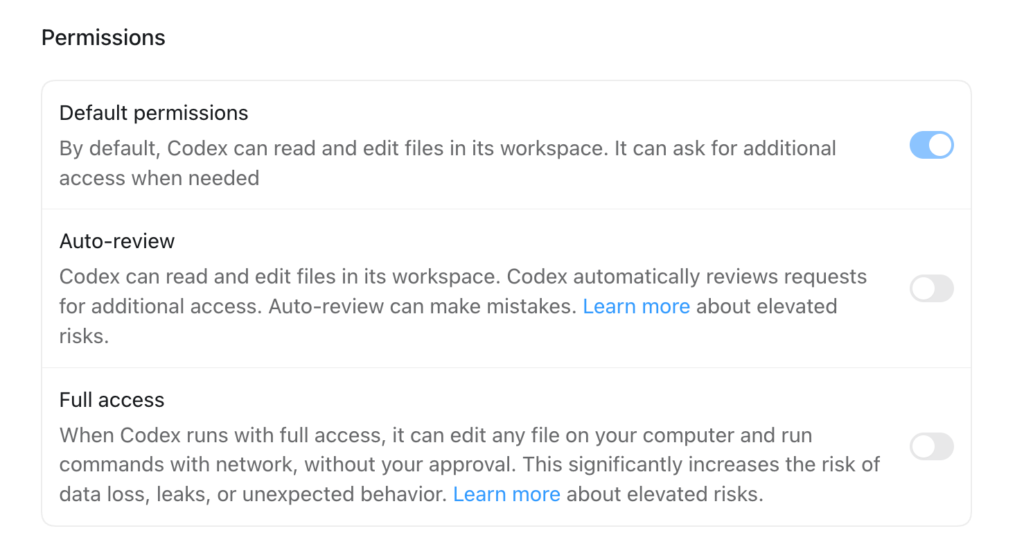 Codex permissions options