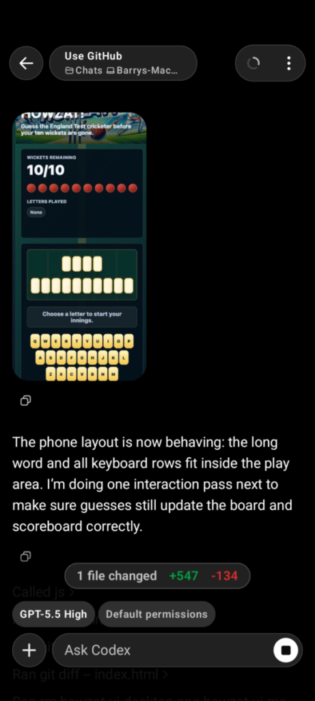 Screenshot of Codex mobile running a coding project