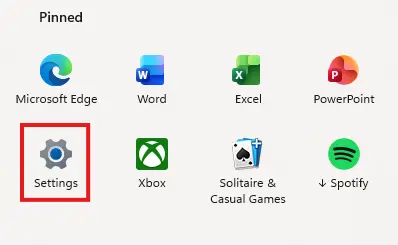 Settings in Windows 11 start menu