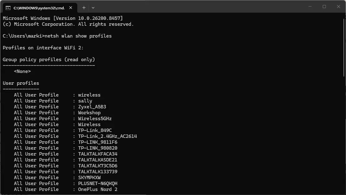Show all Wireless network names in command prompt
