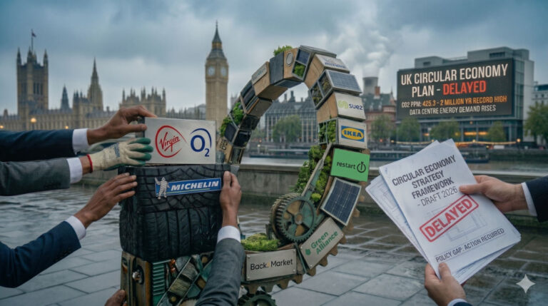 Circular Economy Growth Plan shown by conceptual photographic illustration of a circular industrial structure being assembled by hands in suits and work gloves on a London riverbank, with Big Ben and the Houses of Parliament in the background. The structure integrates tires, solar panels, and corporate logos including Virgin Media O2, Michelin, IKEA, Suez, and The Restart Project. A digital sign in the background reads 'UK CIRCULAR ECONOMY PLAN - DELAYED' with CO2 and data center energy statistics. In the foreground, a hand holds a policy document titled 'CIRCULAR ECONOMY STRATEGY FRAMEWORK' stamped with a red 'DELAYED' mark.