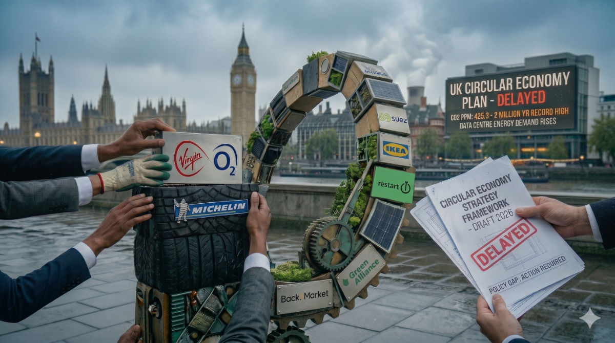 Circular Economy Growth Plan shown by conceptual photographic illustration of a circular industrial structure being assembled by hands in suits and work gloves on a London riverbank, with Big Ben and the Houses of Parliament in the background. The structure integrates tires, solar panels, and corporate logos including Virgin Media O2, Michelin, IKEA, Suez, and The Restart Project. A digital sign in the background reads 'UK CIRCULAR ECONOMY PLAN - DELAYED' with CO2 and data center energy statistics. In the foreground, a hand holds a policy document titled 'CIRCULAR ECONOMY STRATEGY FRAMEWORK' stamped with a red 'DELAYED' mark.