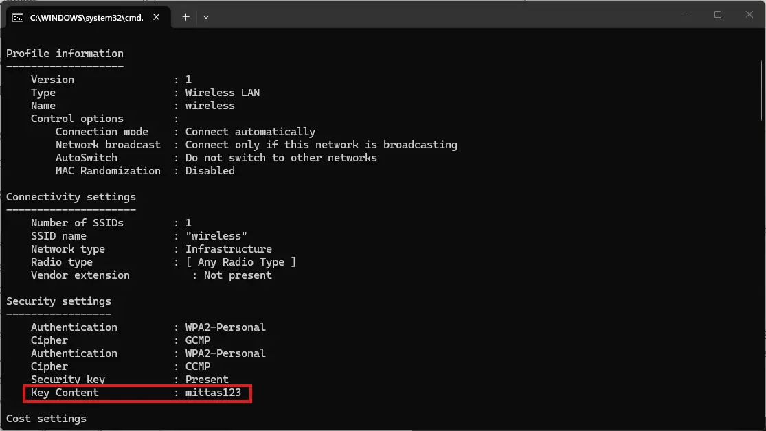 Wireless name and password shown in command prompt