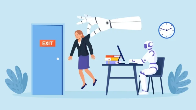 ai at work shown by robot hand lifting worker out of the office
