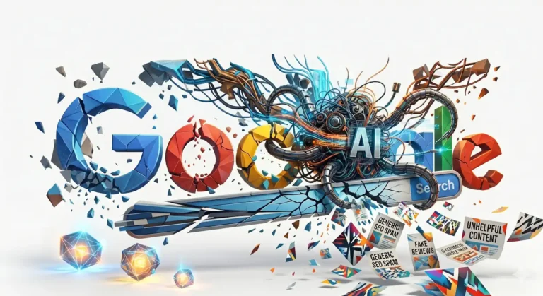 Google AI Search shown by old-style Google logo on white background being attacked by AI bots