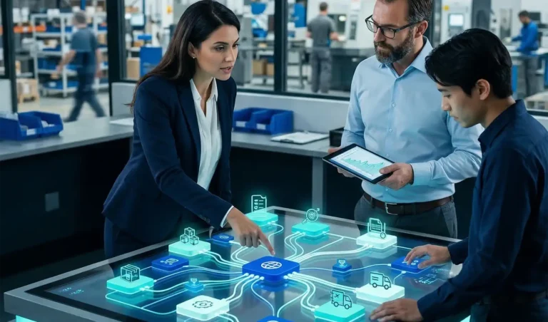 Syspro marketplace concept - futuristic warehouse setting with electronic workflow in foreground