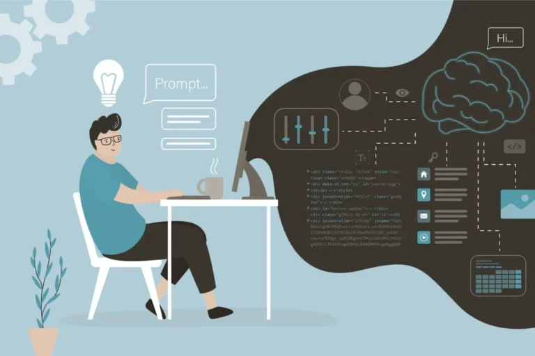 Smart programmer with ai assistant in workspace. Chat bot or neural network helping in programming, playful atmosphere, vibe coding