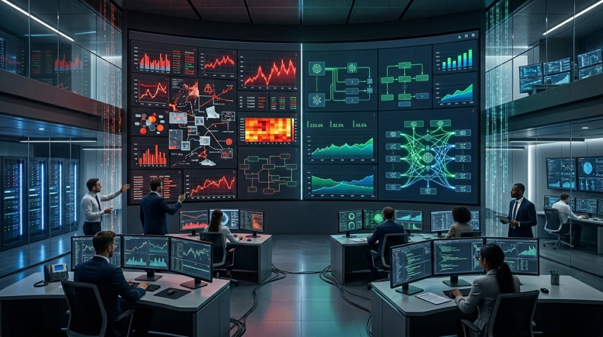 End of tokenmaxxing era - Analysts in a command center monitor financial and AI data on a massive digital display