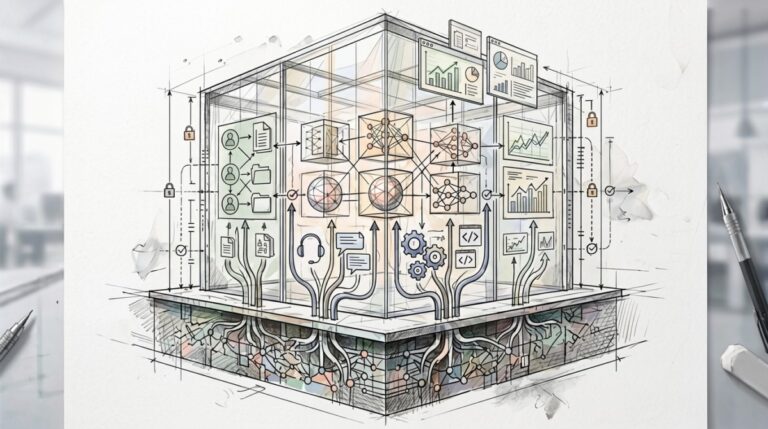 AI data foundations - An isometric architectural sketch featuring a transparent cube acting as a central hub for data processing, filled with intricate icons representing neural networks and communication channels.