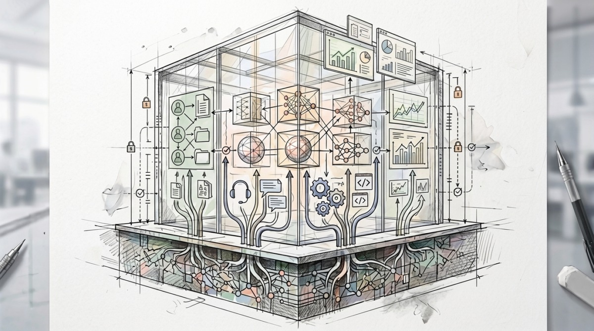 AI data foundations - An isometric architectural sketch featuring a transparent cube acting as a central hub for data processing, filled with intricate icons representing neural networks and communication channels.