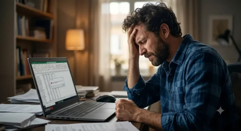 Man looking despairingly at his slow Lenovo laptop