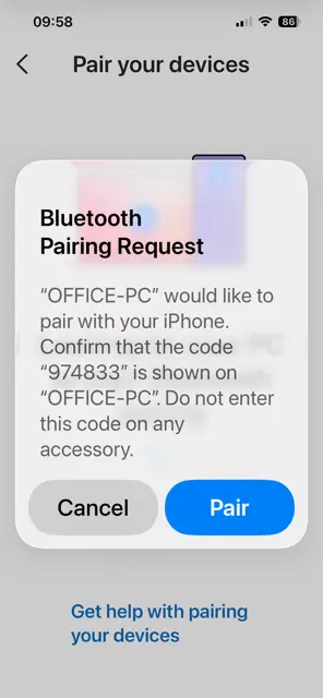 Pairing code iphone