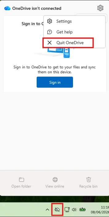 Quit Onedrive from the menu