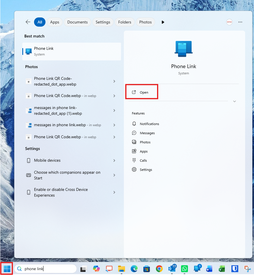 Search for phone link in search bar