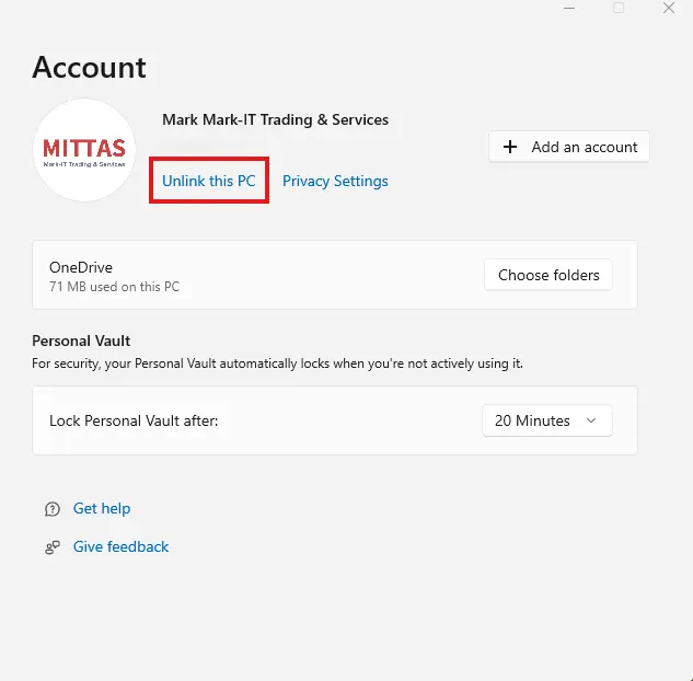Unlink this PC in OneDrive window
