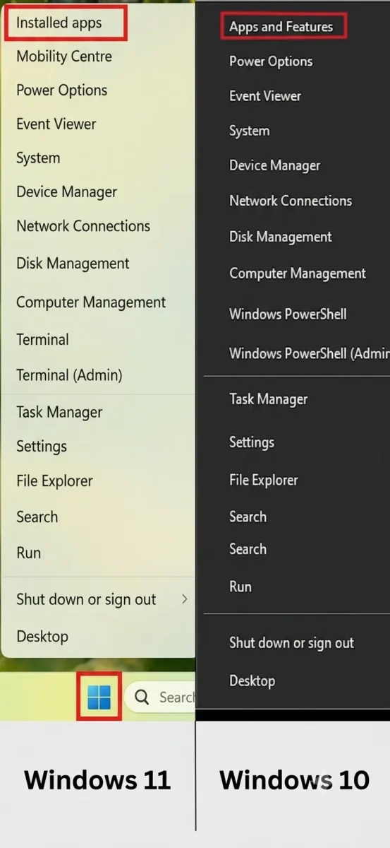 Win 10 and 11 installed apps from start menu