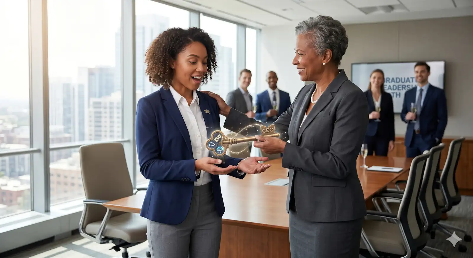 AI agent governance shown by CEO giving young graduate a magic key to the office