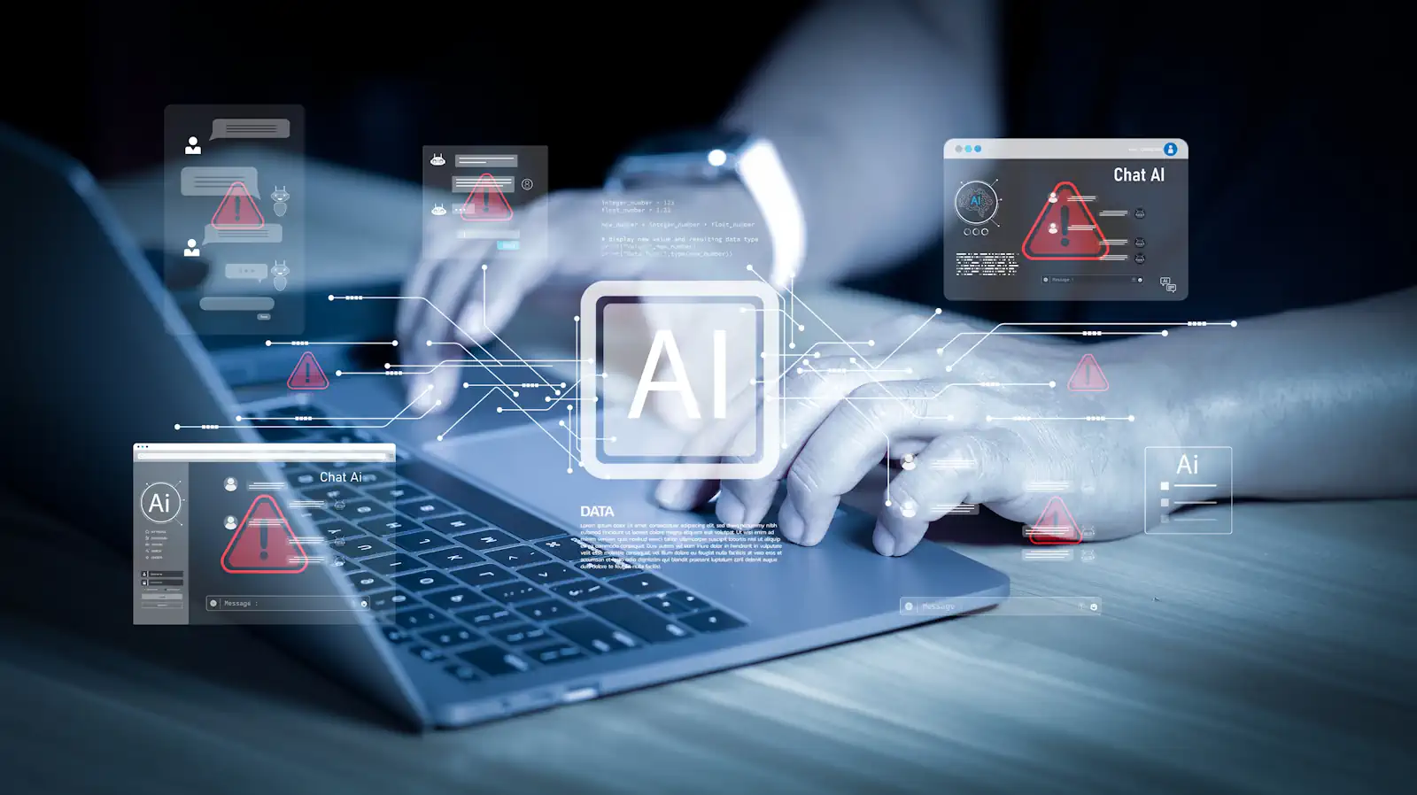 Business person using laptop with AI error warning signs on virtual screen