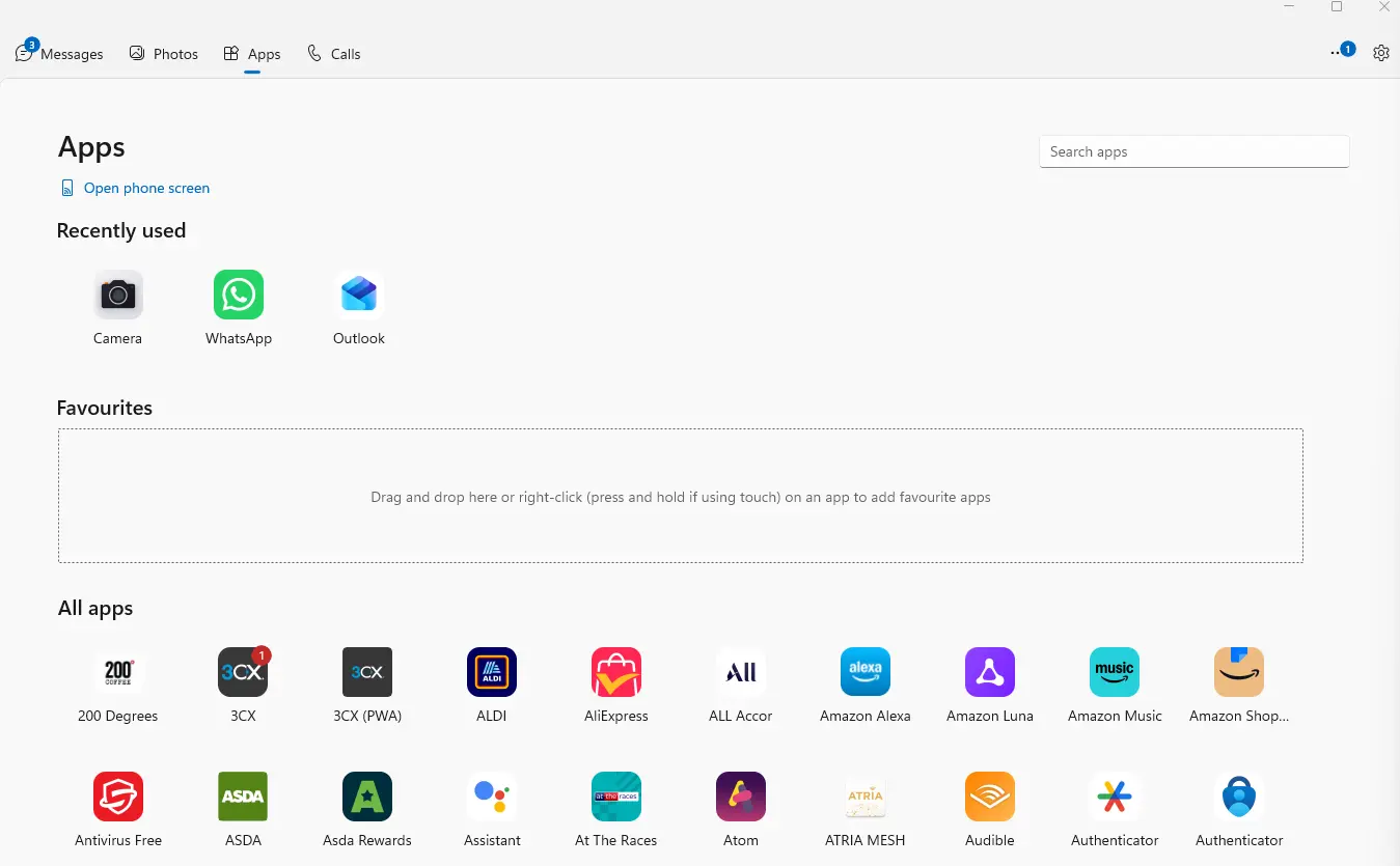 apps on Microsoft phone link