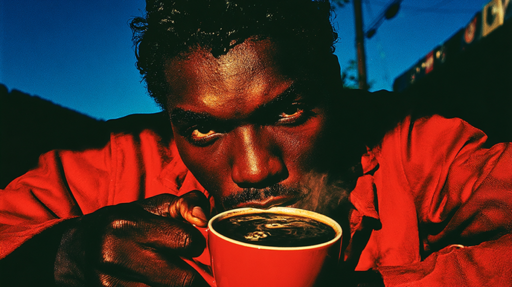 Midjourney generated image of a man drinking coffee