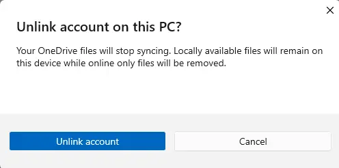 confirm unlinking of account in onedrive