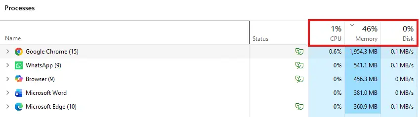 cpu memory and disk headers in task manager