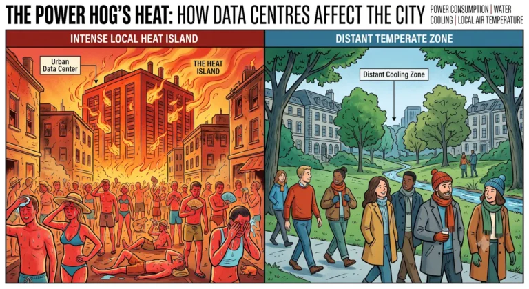 data centre heatwave shown by data centre in the middle of a city location and those surrounding it in beach gear, sweating, while those further away are wearing jumpers and overcoats