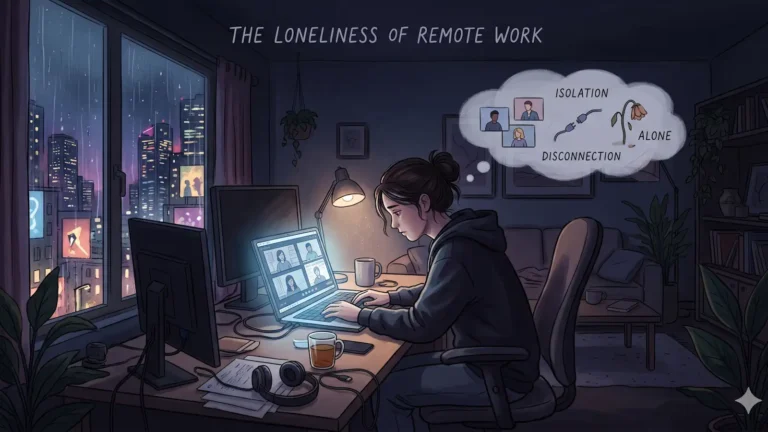 remote work loneliness shown by woman sitting alone at desk with rain in the window