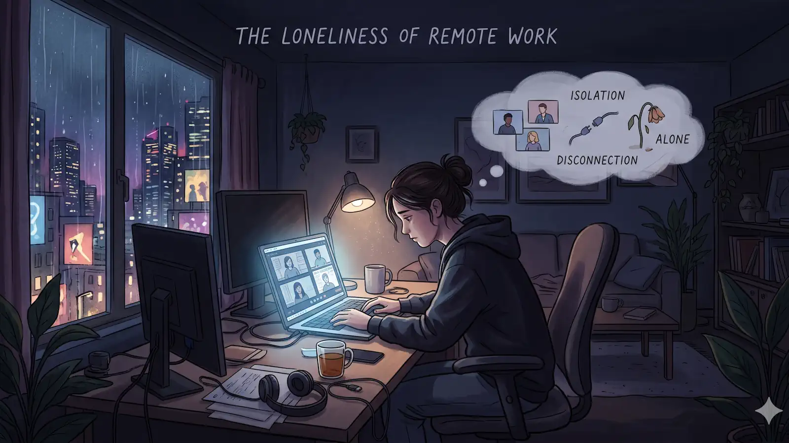 remote work loneliness shown by woman sitting alone at desk with rain in the window