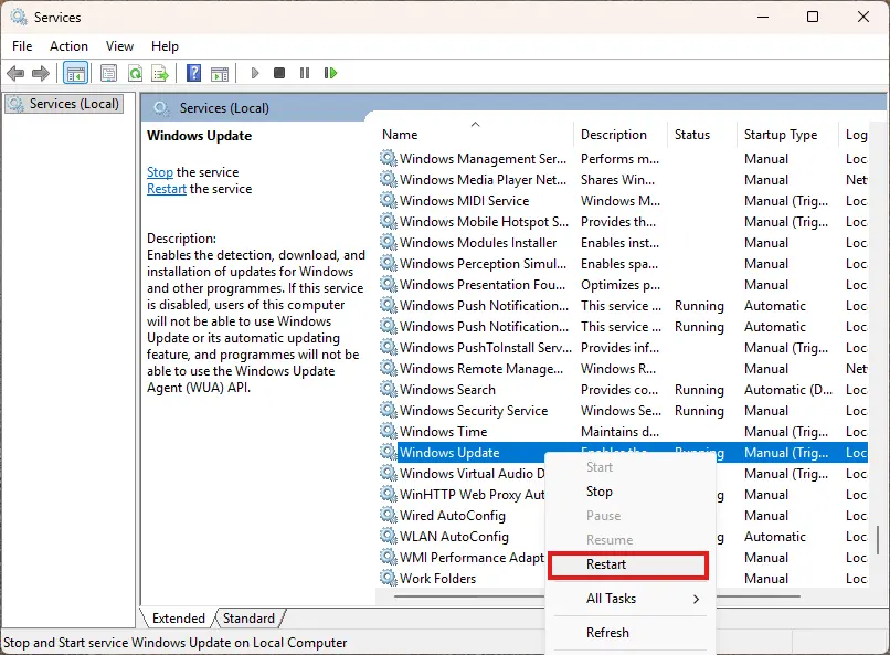 restart windows update service