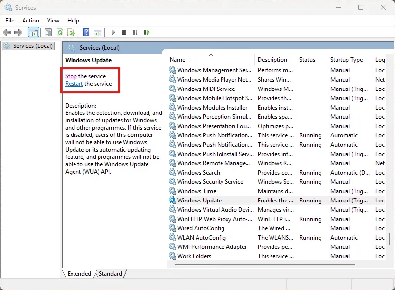 stop and restart windows update in services