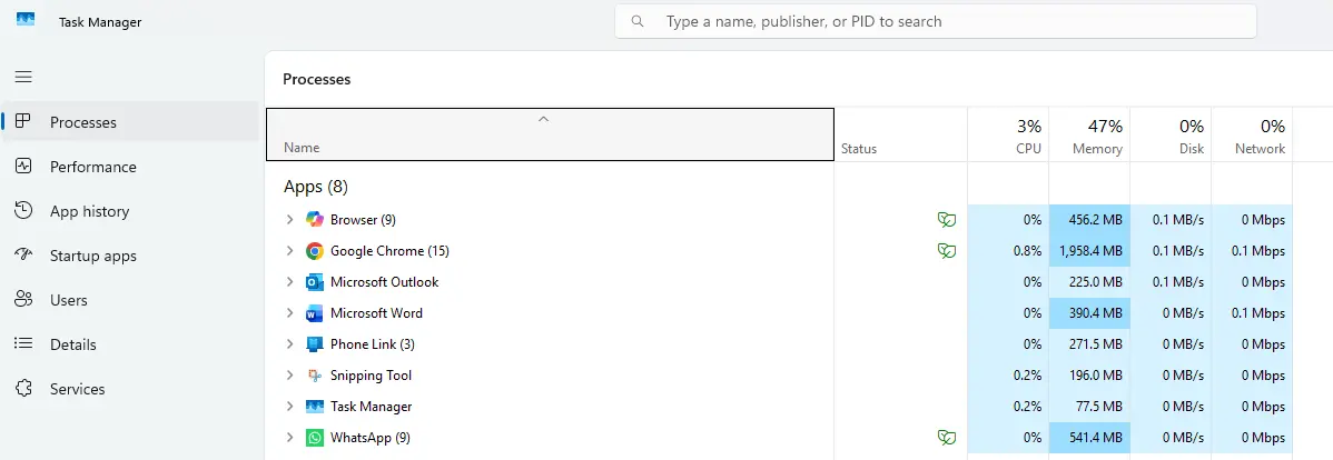 task manager processes option