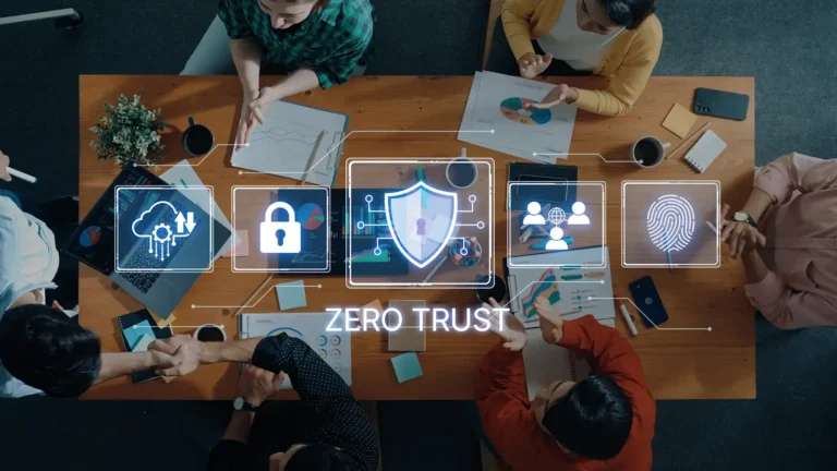 Zero Trust Security Concept with Diverse Team Engaging in Strategic Discussions Around Digital Protection and Safety Measures
