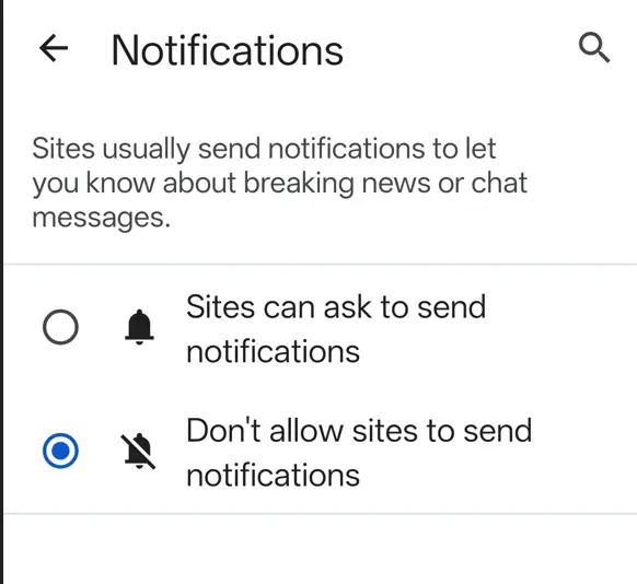 Don’t allow sites to send notifications option in edge on Android