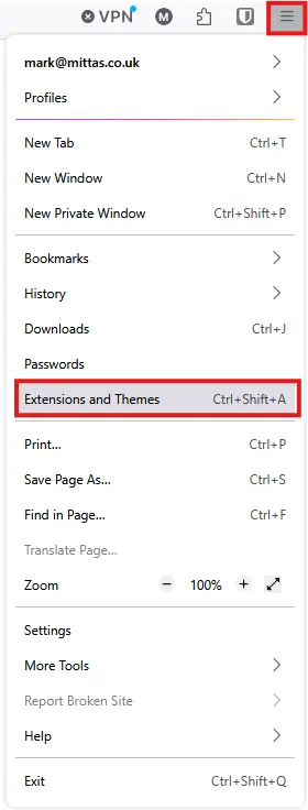 Extensions and themes from the menu in firefox