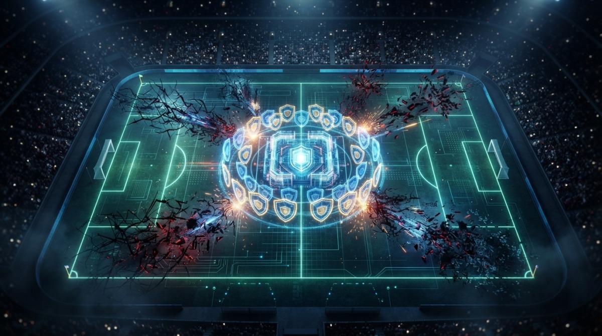 Ransomware recovery strategy - digital football pitch with shields protecting from cyberattacks