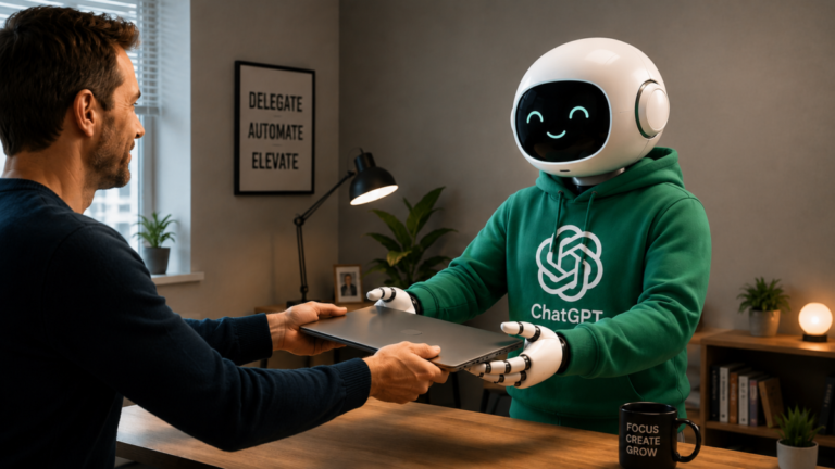 Man handing a laptop to a ChatGPT bot
