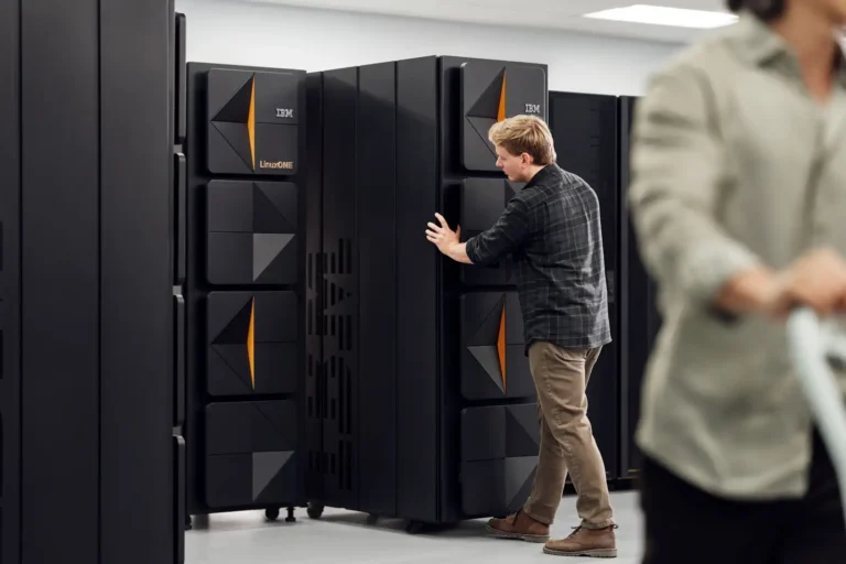 LinuxONE 5 Single Frame being slotted into a data centre