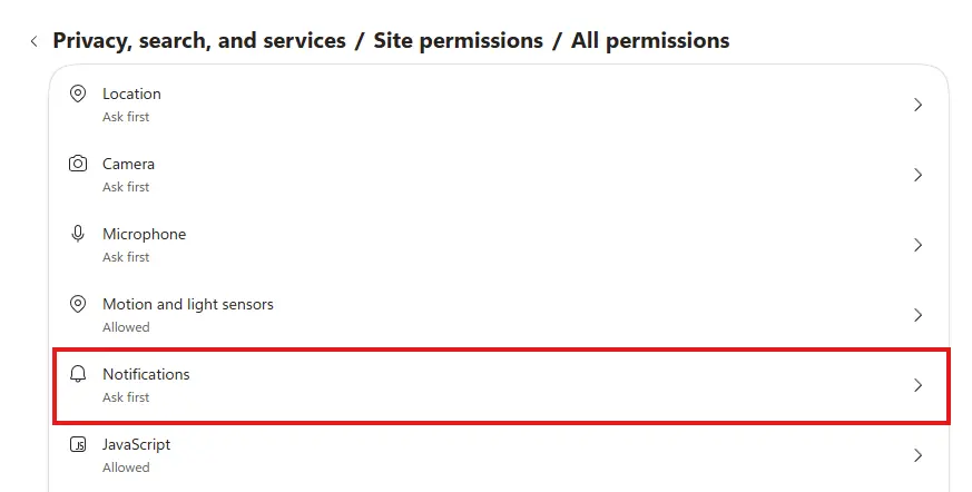 Notifications option in Edge