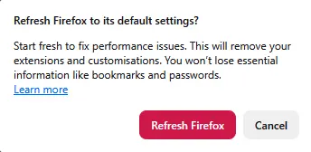 Refresh firefox warning box