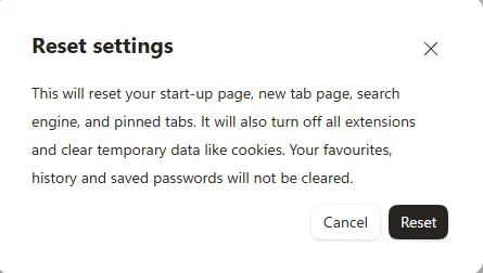 Reset settings warning in edge