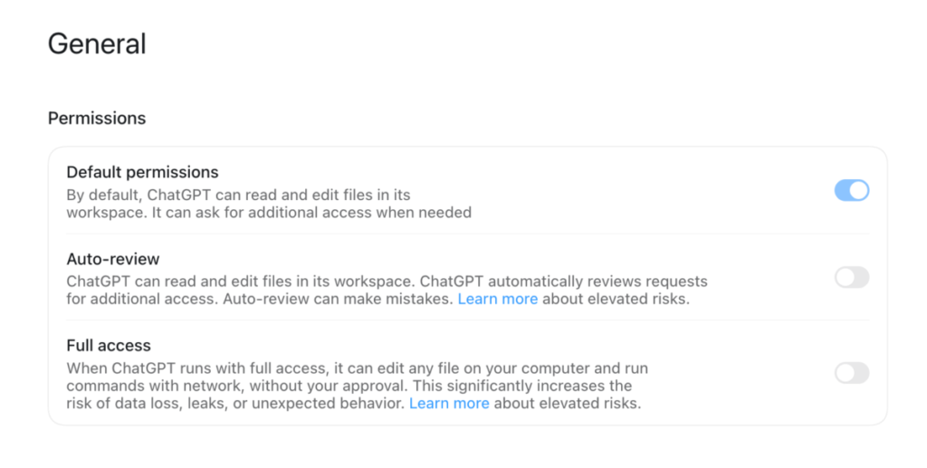 ChatGPT permissions settings