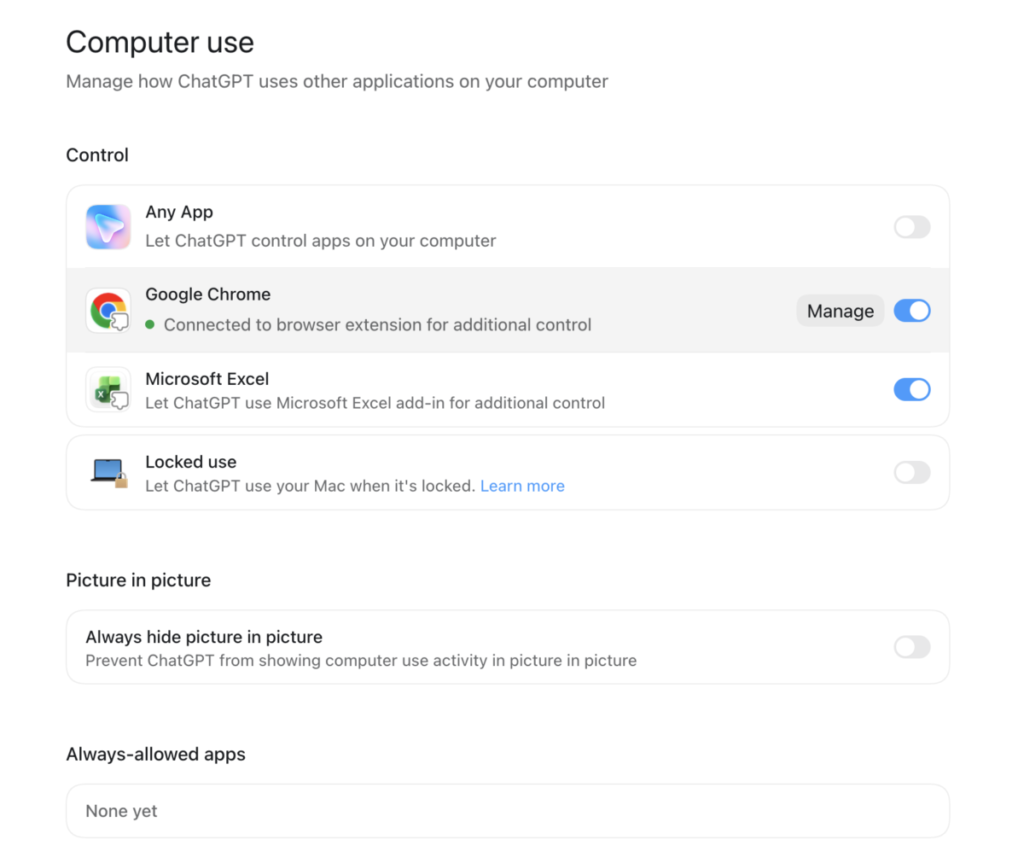 ChatGPT app settings for computer use