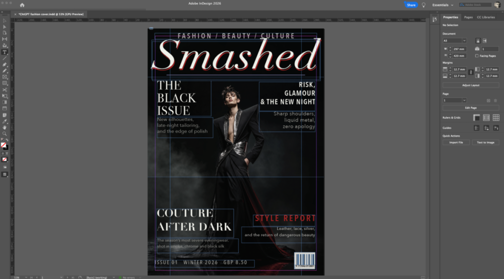 Magazine cover created by ChatGPT in InDesign