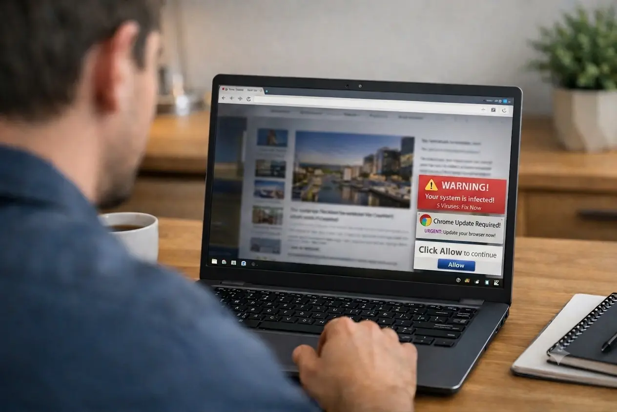 Man on a laptop dealing with scam notifications in Google Chrome