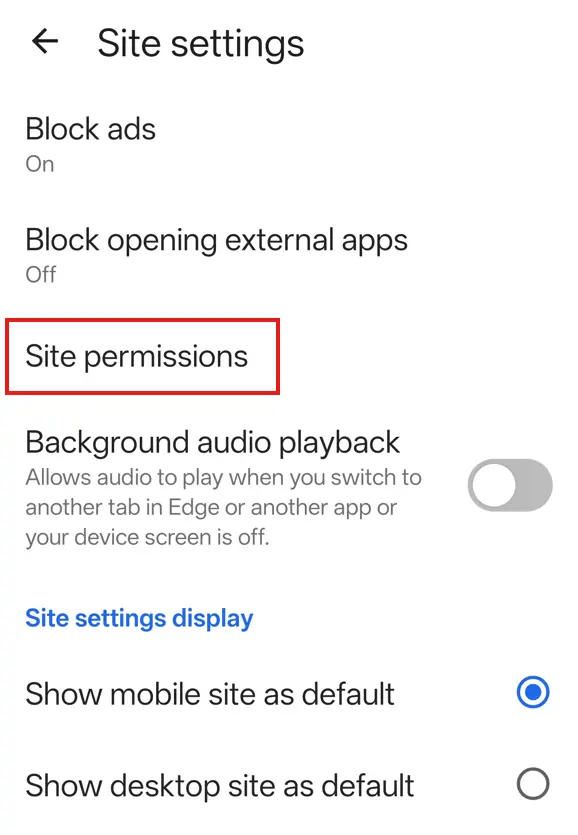 Site permissions edge on Android