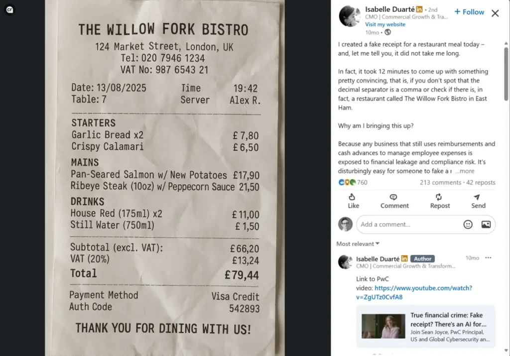 Isabelle Duarté's fake AI receipt post on LinkedIn
