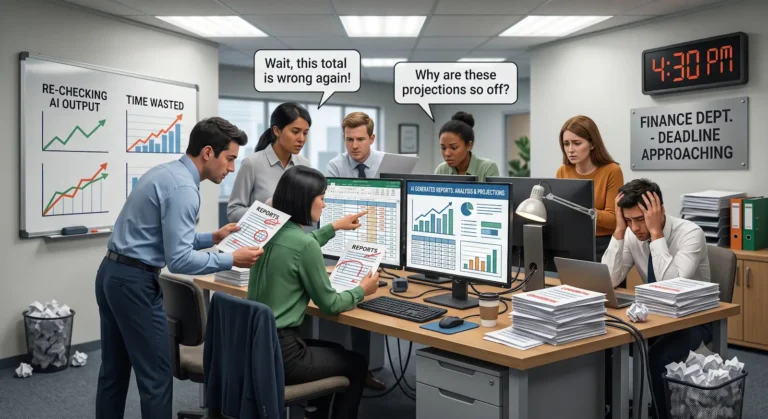 ai finance transparency shown by confused finance team checking AI reports