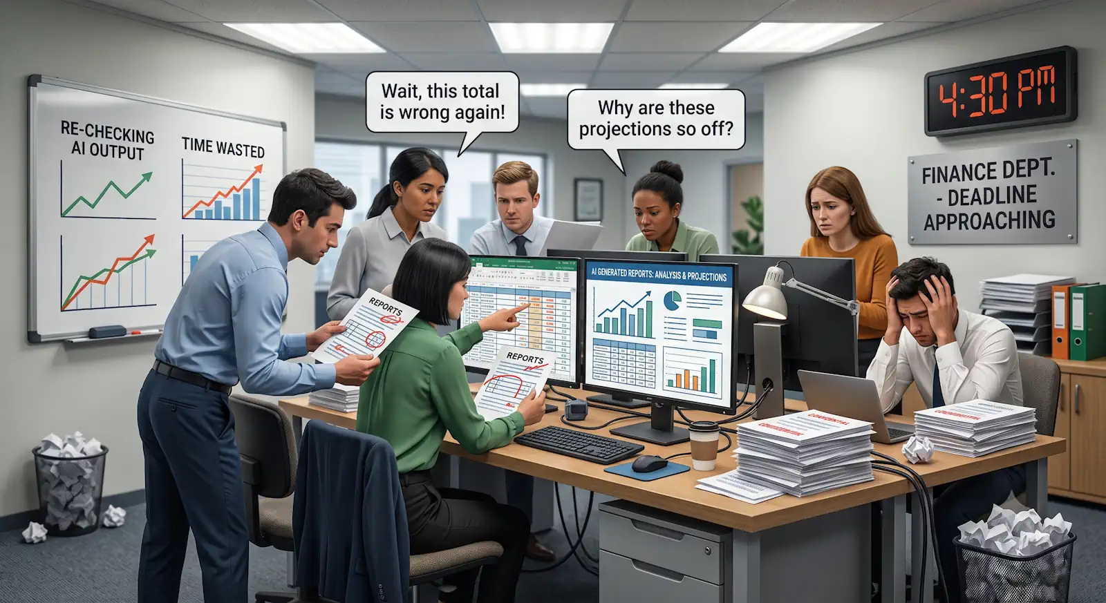 ai finance transparency shown by confused finance team checking AI reports
